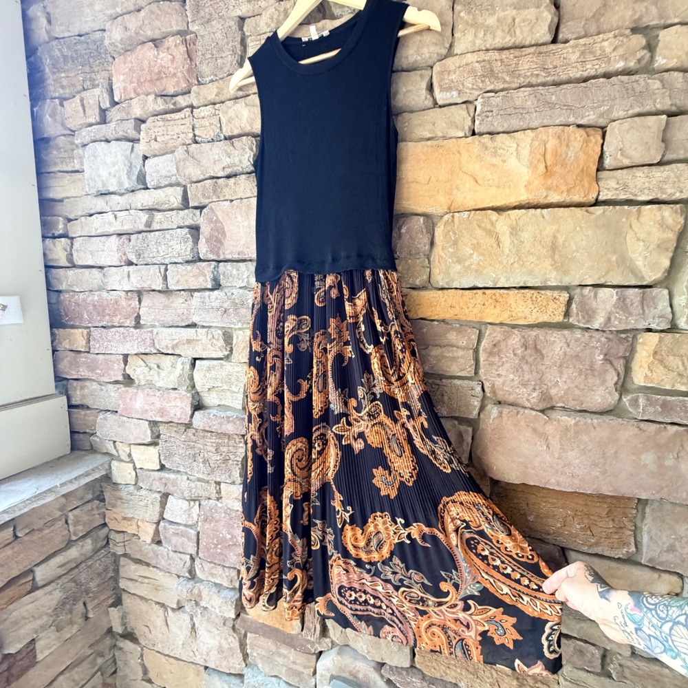 Les Serein Women Small Midi Dress Dark Paisley Pleated Ribbed Mixed Media Office
